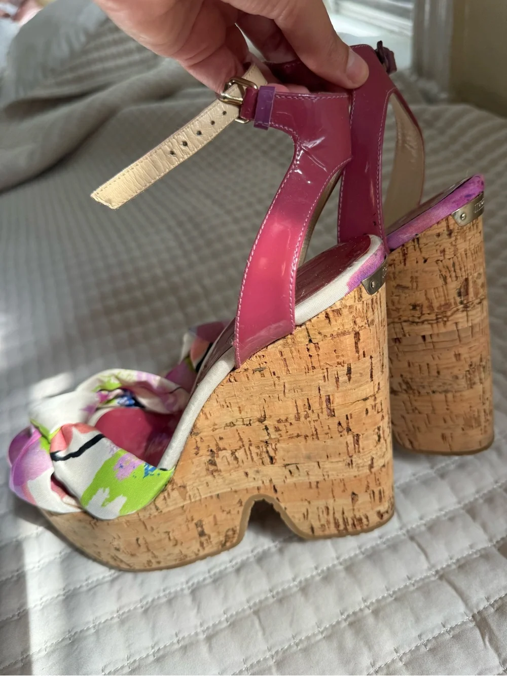 Jimmy Choo Patent Pink Platform Cork Wedge Sandals